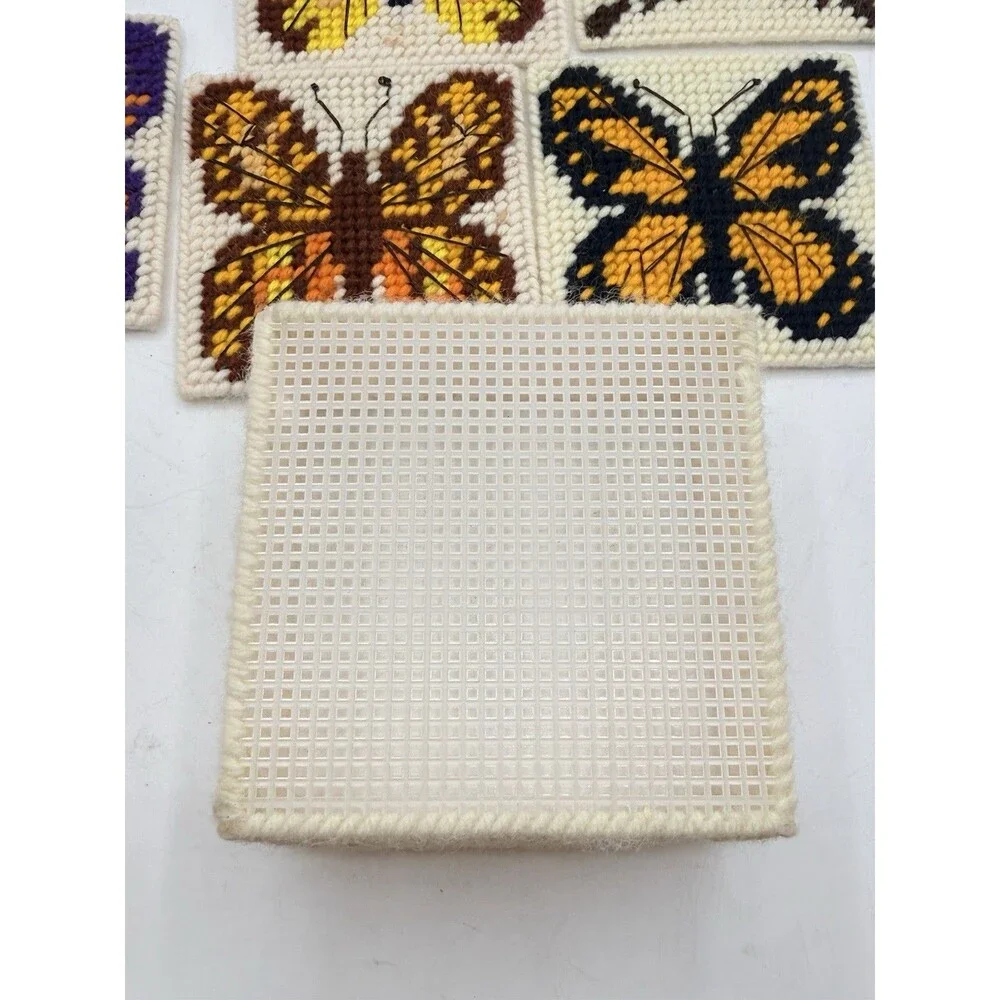 VTG 5 Butterfly Monarch + Handmade Plastic Canvas Coaster Sets w/ Basket Holder